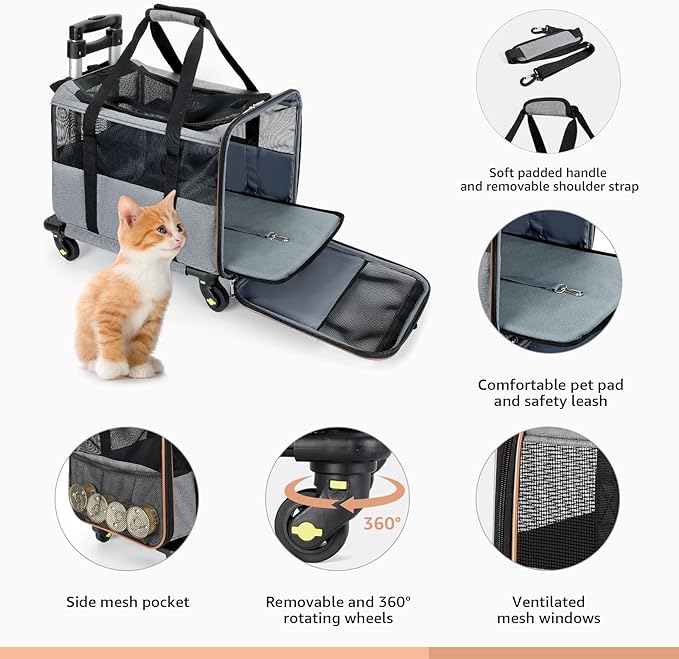 Lekereise Cat Carrier with Wheels for Small Pet, Airline Approved Dog Carrier with Wheels, Rolling Dog Cat Carrier, Grey