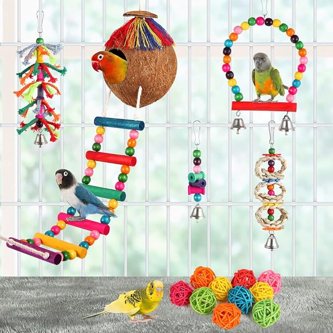 Bird Toys 17 Pcs Bird Parakeet Swing Chewing Hanging Toys Climbing Ladder Coconut Bird Cage Toys Suitable for Cockatiels,Conures,Finches,Budgie,Love Birds