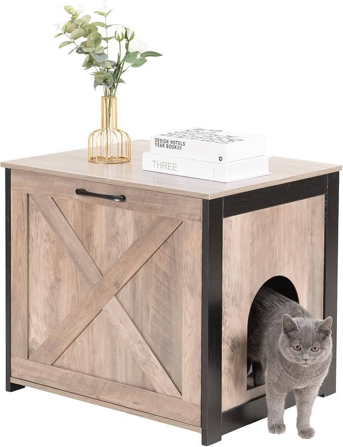 DWANTON Cat Litter Box Furniture Hidden, Cat Litter Box Enclosure, Reversible Entrance Can Be on Left or Right Side, Indoor Cat Box Cabinet, Wooden Cat Washroom, End Table, Nightstand