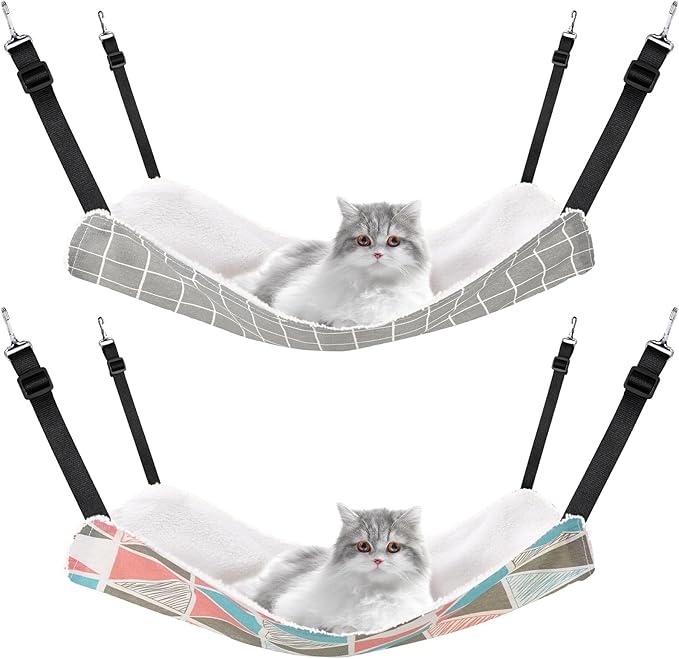 2 Pieces Reversible Cat Hanging Hammock Soft Breathable Pet Cage Hammock with Adjustable Straps and Metal Hooks Double-Sided Hanging Bed for Cats Small Dogs Rabbits (Geometry Pattern, M)