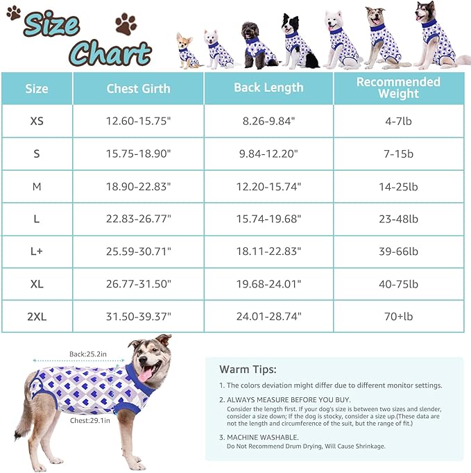 Recovery Suit for Dogs, Dog Recovery Suit Male Female Post Spay, Neuter, Abdominal Surgery Recovery Suit with an Inner Layer Pocket, Prevent Licking Soft Breathable Cotton, Blue, XL