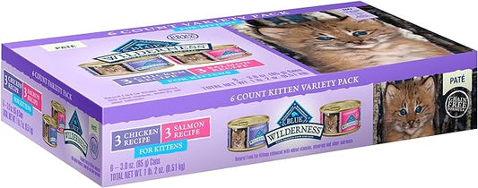 Blue Buffalo Wilderness High Protein Grain Free, Natural Kitten Pate Wet Cat Food Variety Pack, Chicken, Salmon 3-oz (6 Count- 3 of Each Flavor)