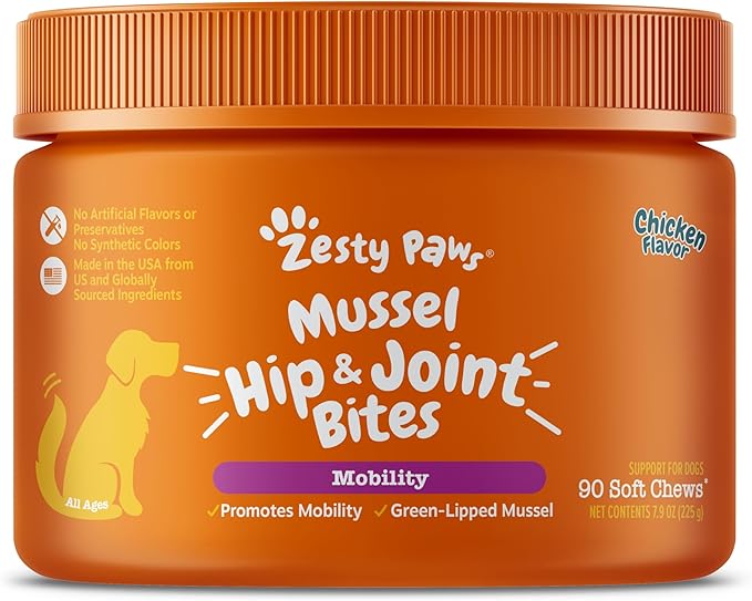 Zesty Paws Mussel Mobility Bites for Dogs - New Zealand Green Lipped Mussel with Natural Glucosamine & Chondroitin + Omega-3 Fatty Acids - Hip & Joint Support Supplement Soft Chews – 90 Count