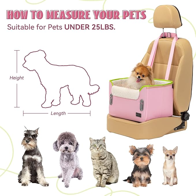 PETSFIT Small Dog Car Seat, Puppy Portable Dog Booster seat for Car with Clip-On Leash, Adjustable Straps Suitable for Small Pets Up to 25lbs (Pink)