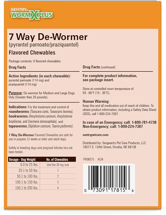 SENTRY Worm X Plus 7 Way DeWormer Large Dogs (6 count) Package may vary