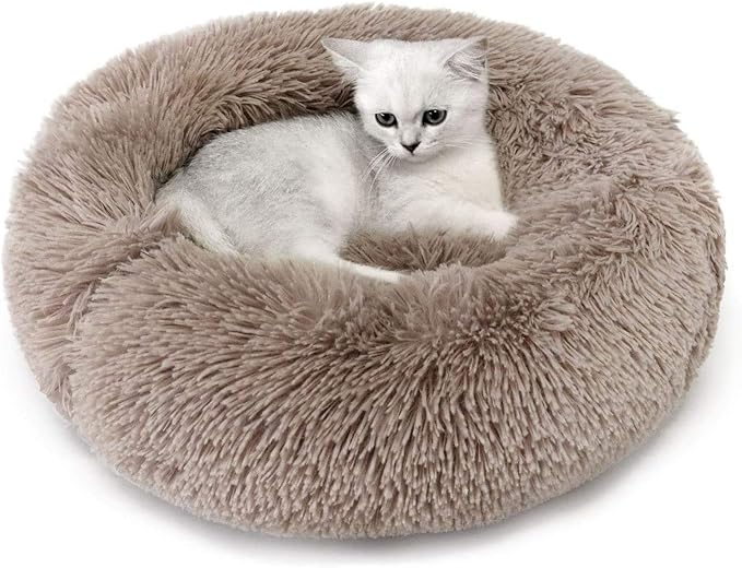 Cat Beds for Indoor Cats - Cat Bed Washable 16/20/24 inches, Dog Beds for Small Medium Dogs, Anti Anxiety Round Fluffy Plush Faux Fur Cat Bed, Thick Bottom (Small, Brown)
