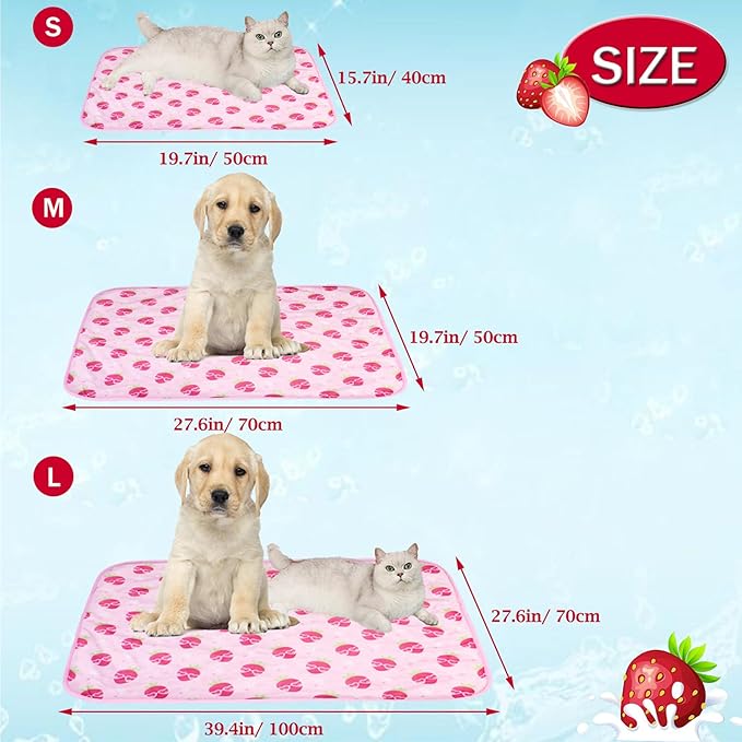 BAMY Cat Cooling Mat Summer Dog Silk Pad Self Cooling Cushion Washable Kitten Ice Blanket with Duck Strawberry Pattern (Pink Strawberry, L (39.4"x27.6"))