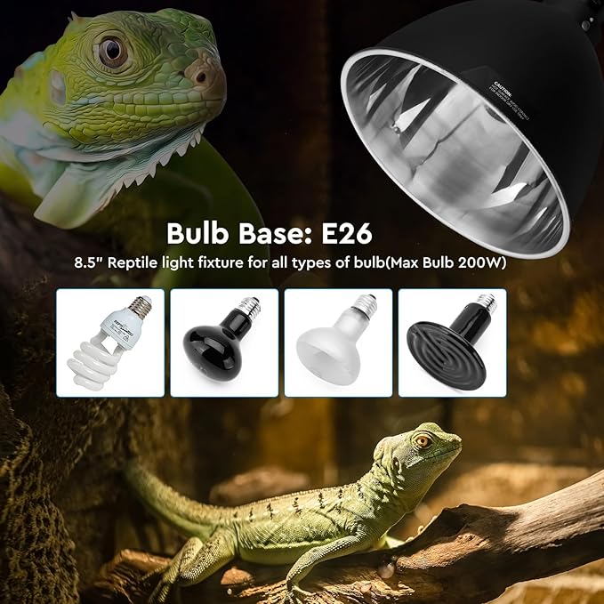 Deep Dome Reptile Light Fixture 8.5", Reptile Heat Lamp Max 200W, Reptile Tank Lighting Fixtures, Fixture for UVB Reptile Light, Reptile Tank Accessories 2 Packs E26