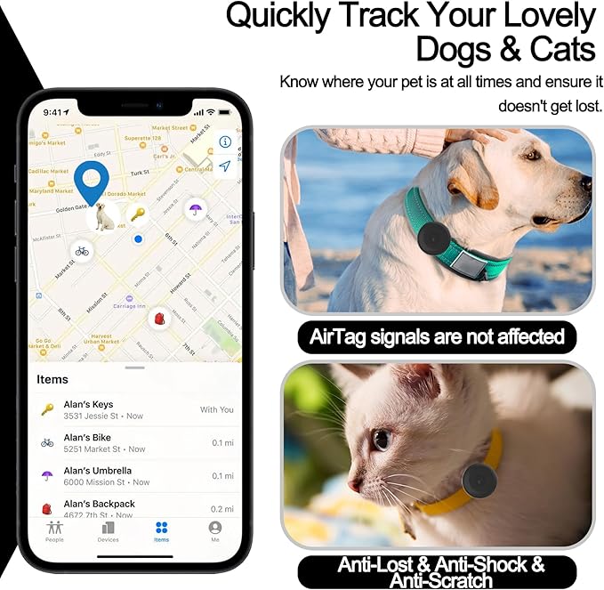 IPX8 Waterproof AirTag Dog Collar Holder, Hidden Air Tag Case for Cat Collar, Anti-Lost Silicone Cover for AirTag GPS Tracker Compatible with Pets Loop, Fits All Width Collars(Black S)