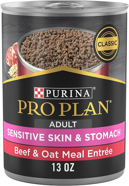 Purina Pro Plan Sensitive Skin and Stomach Wet Dog Food Pate Sensitive Skin and Stomach Beef and Oat Meal Entree - (Pack of 12) 13 oz. Cans