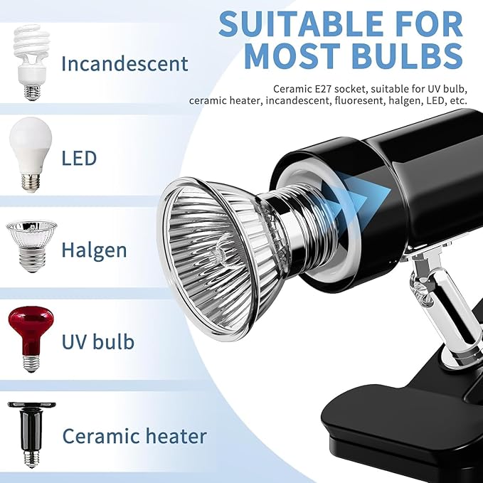 Reptile Heat Lamp, Rotatable UVA/UVB Light Lamp with 2PCS 50W Basking Bulbs, Suitable for Reptiles, Amphibians, Turtle, Lizard, Spiders, Birds, Snake (Black)