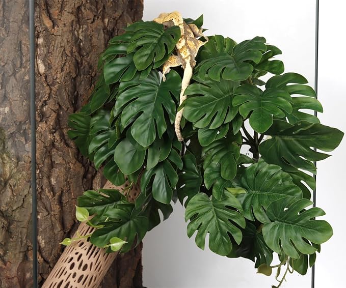 Reptile Plants for Terrarium, Amphibian Habitat Decor Artificial Hanging Plants with Suction Cup - Fake Monstera