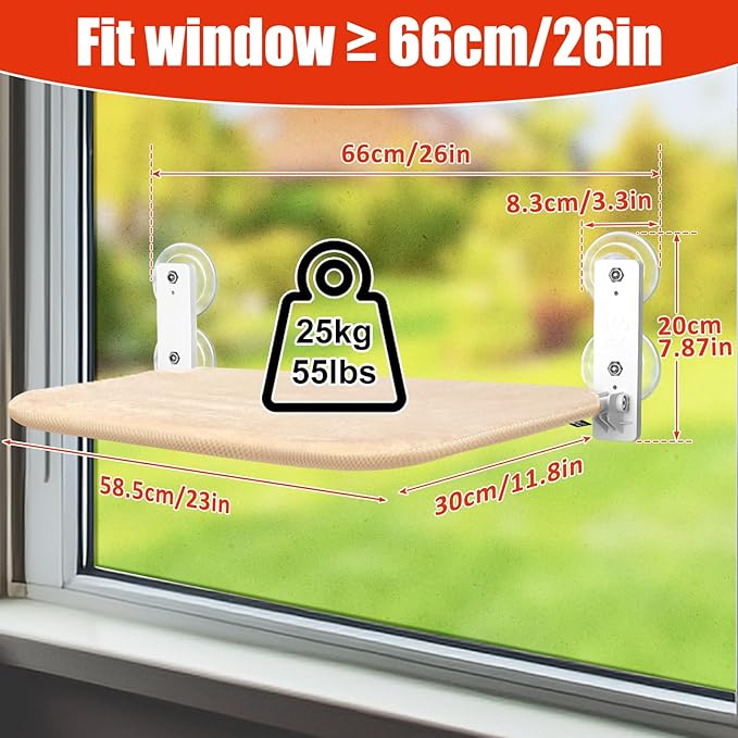 Sunhoo Cat Window Hammock Perch Cordless Perches Window Sill Seat Bed Foldable Stable Lounger Upgraded Suction Cup Easy Assembly Indoor Cats Kitty Shelf Hold Up to 55lbs (Beige, L)