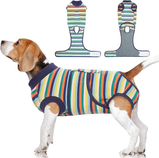 FUAMEY Recovery Suit for Dogs After Surgery,Soft Breathable Dog Bodysuit E-Collar & Cone Alternative Surgical Suit,Male Female Dog Neuter Spay Suits Anti Licking Wounds Onesie Dark Blue Stripes XL