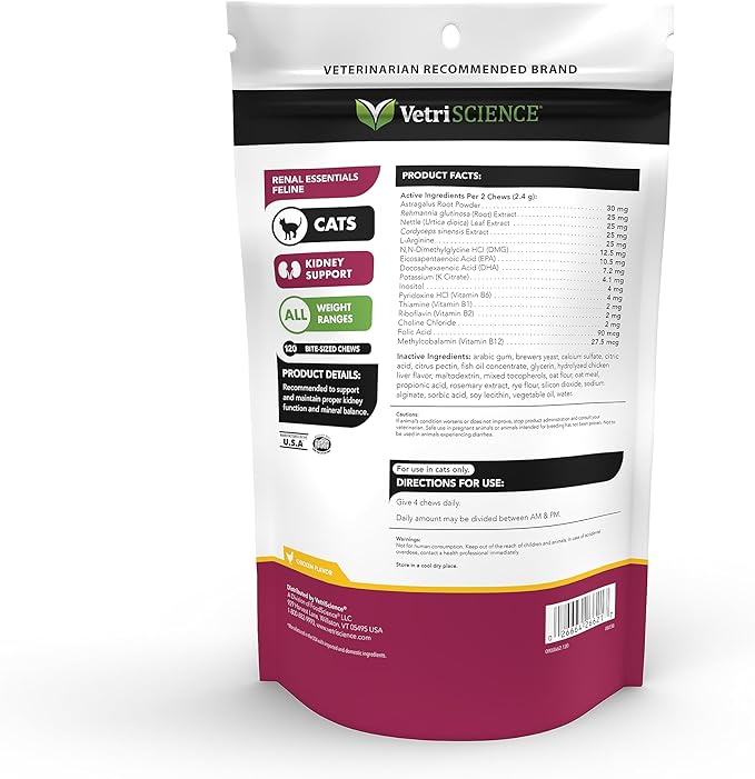 VetriScience Renal Essentials Feline Kidney Supplement for Cats – Kidney and Urinary Tract Support, Cat Kidney Supplement with Astragalus Root, Nettle, Herbs, and Folic Acid