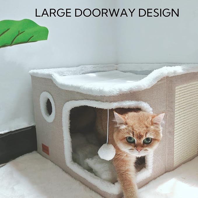 Large Cat Cave Bed for Indoor Cats, Cats Cube House with Scratch Pad Cat Condo Hideaway Tente Hut with Washable Sherpa Warm Soft Cat Mat, Cute Cat Beds Furniture, Modern Dog Bed,Beige