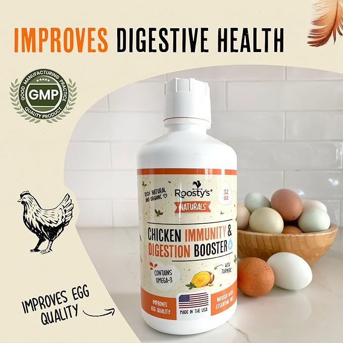 Roosty's Naturals Chicken Immunity & Digestion Booster | 32oz Chicken Supplements | Omega-3 Chicken Vitamins and Supplements | Poultry Vitamins for Chickens | Bird Health Supplies