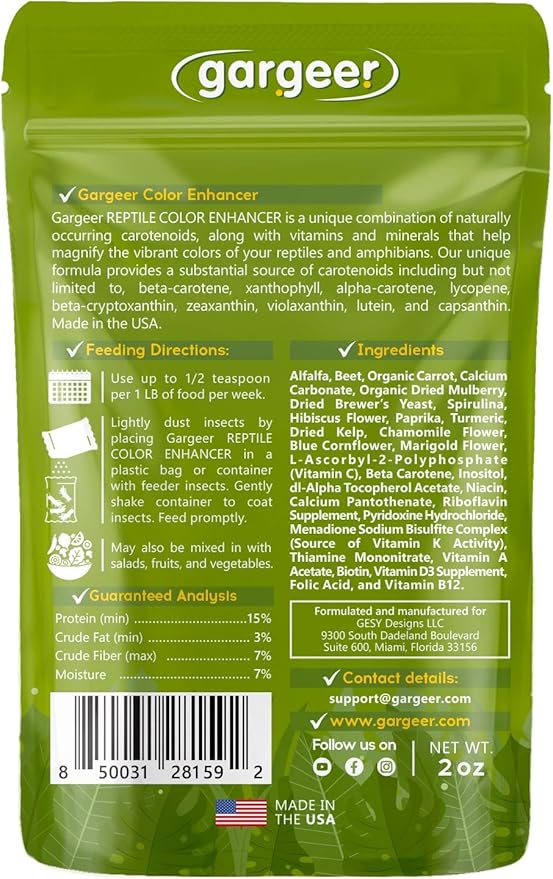 All Reptiles Color Enhancer. Magnify Vibrant Colors, and Boost Health with Much Needed Minerals and Vitamins. 2oz Pouch for Weekly Use. Enjoy!