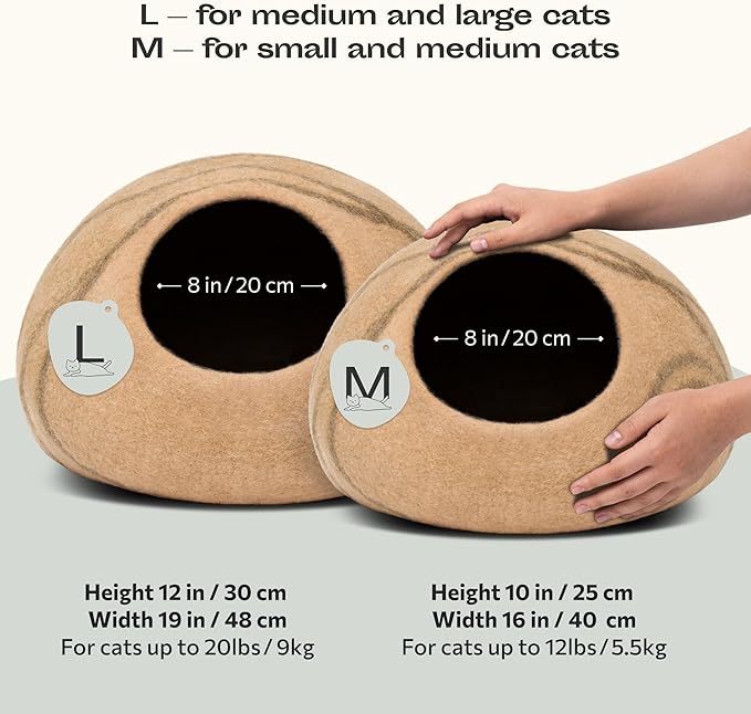 MEOWFIA Premium Felt Cat Bed Cave - Handmade 100% Merino Wool Bed for Cats and Kittens (Light Shades) (Medium, Beige)