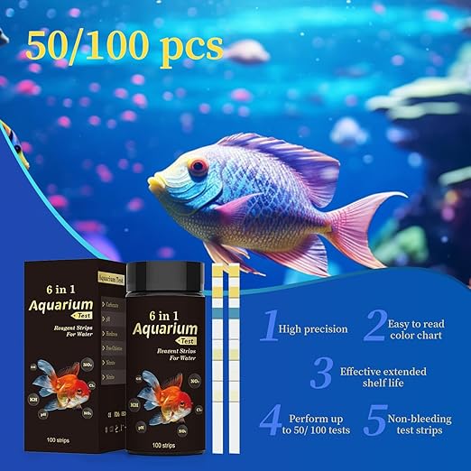 6 in 1 Aquarium Test Strips Fast & Accurate Water Quality Testing Strips for Freshwater Saltwater,Pond Fish Tank Test Strips for PH,Carbonate,Hardness,Residual Chlorine,Nitrate,Nitrite 50pcs