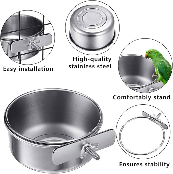 2 Pcs Parrot Feeding Cups Birds Food Dish Parrot Bowl Stainless Steel Parrot Feeding Cups Sturdy Water Bowl Bird Feeding Dish Suitable for Parrots or Other Birds Bird Feeding Dish (M-3.94in)