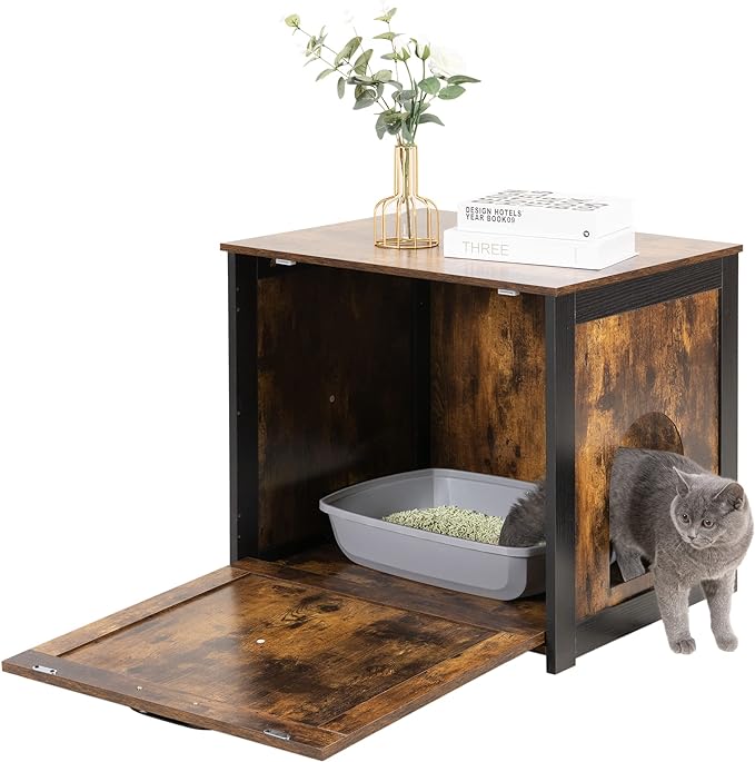 DWANTON Cat Litter Box Furniture Hidden, Cat Litter Box Enclosure, Reversible Entrance Can Be on Left or Right Side, Indoor Cat Box Cabinet, Wooden Cat Washroom, End Table, Nightstand