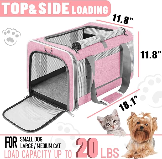 Top Open Pet Carrier Big Maine-Coon Cat 17 lbs, Ventilated Cloth Travel Kitty Soft Sturdy Carrying Crate Vet Visit, Toy-Breed Dod Carry Bag Puppy 10lbs, Pet Cages Chihuahuas Mini Dog Needs Pink