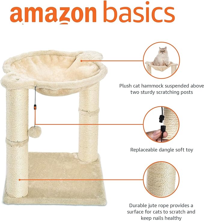 Amazon Basics Cat Tower with Hammock and Scratching Posts for Indoor Cats, 15.8 x 15.8 x 19.7 Inches, Beige