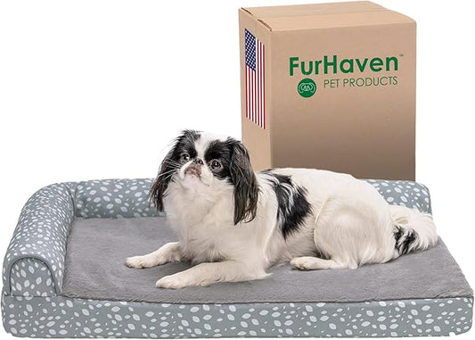 Furhaven Orthopedic Dog Bed for Medium/Small Dogs w/ Removable Bolsters & Washable Cover, For Dogs Up to 35 lbs - Plush & Almond Print L Shaped Chaise - Gray Almonds, Medium