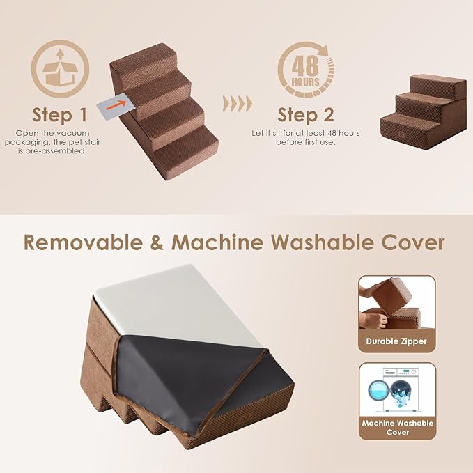 EHEYCIGA Dog Stairs for Small Dogs 13.5" H, 3-Step Dog Steps for Couch Sofa and Chair, Pet Steps for Small Dogs and Cats, Non-Slip Balanced Dog Indoor Ramp, Brown