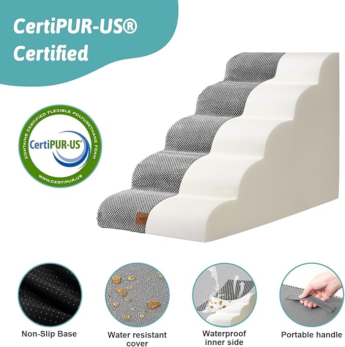 Dog Stairs for High Bed 23" H, Small Dogs Ramp with Leakproof Fabric Cover, Foam Pet Steps for Cat, Couch and Sofa, Lightweight, Non-Slip, Durable, Comfort, 15.7x33x22.6in, Grey, 5 Steps