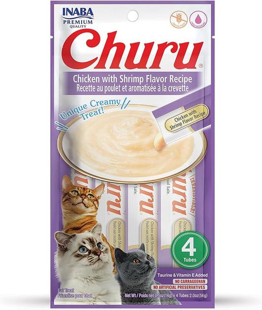 INABA Churu Cat Treats, Grain-Free, Lickable, Squeezable Creamy Purée Cat Treat/Topper with Vitamin E & Taurine, 0.5 Ounces Each Tube, 4 Tubes, Chicken with Shrimp Recipe