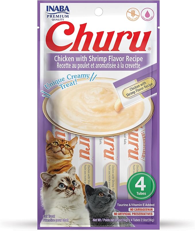 INABA Churu Cat Treats, Grain-Free, Lickable, Squeezable Creamy Purée Cat Treat/Topper with Vitamin E & Taurine, 0.5 Ounces Each Tube, 4 Tubes, Chicken with Shrimp Recipe