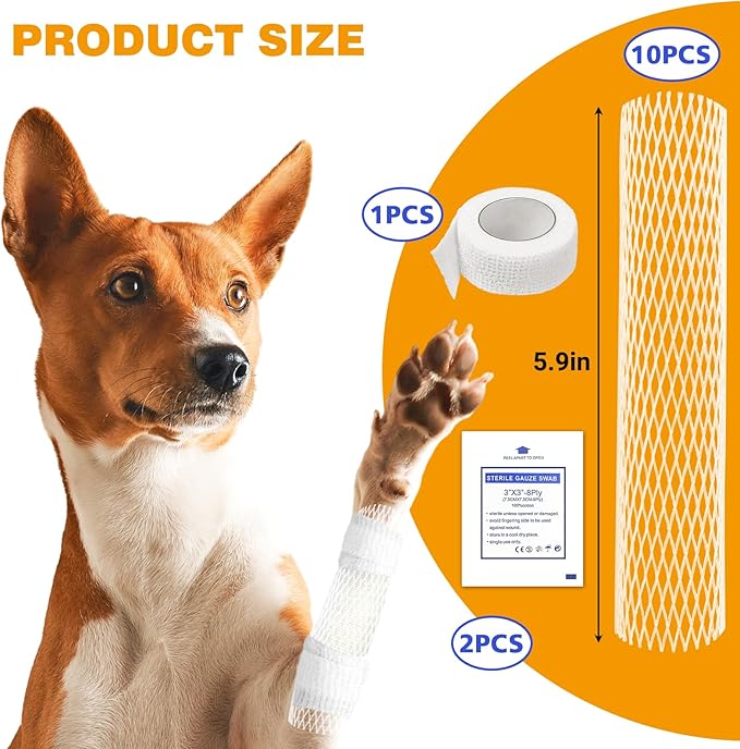 10pcs Dog Tail Protector, Dog Breathable Tubular Bandage Elastic Net Wound Dressing Tail Elbow Plus 2 Gauze Pads and Self-Adhesive Dog Bandage Vet Wrap for Dogs Cats Other Pets Animals