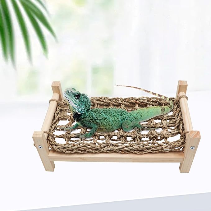 Dnoifne Reptile Hammock Swing Hanging Bed, Wooden Lizard Bed, Reptile Summer Bed for Bearded Dragon Leopard Gecko Lizard (Large)