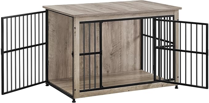 Feandrea Dog Crate Furniture, Side End Table, Modern Kennel for Dogs Indoor up to 70 lb, Heavy-Duty Dog Cage with Enclosed Base, Double-Door Dog House, Heather Greige UPFC023G01