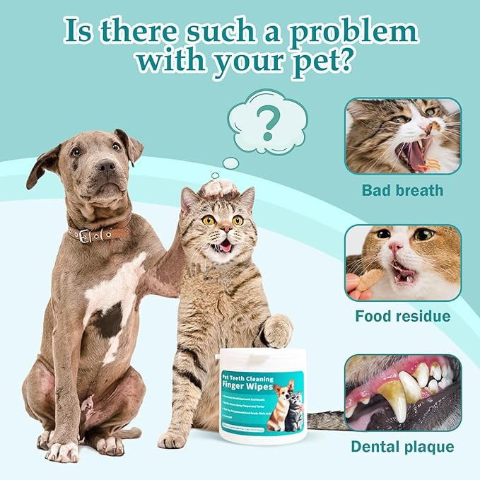 Teeth Cleaning Finger Wipes for Dogs & Cats, Reduces Plaque & Freshens Breath Teeth Care Wipes, Easy to Use Disposable Gentle Cleaning & Gum Care Pet Wipes, No-Rinse Dog Finger Wipes，50 Counts