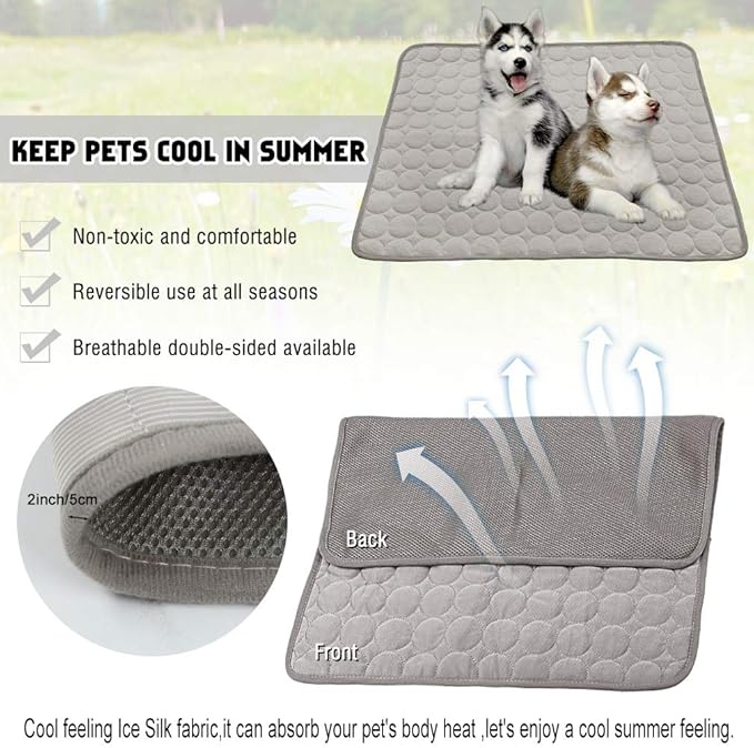 VeMee Summer Cooling Mat for Dogs Cats Ice Silk Self Dog Cooling Mat Breathable Pet Crate Pad Portable & Washable Pet Cooling Blanket for Outdoor or Home (40 X 28in, Grey)