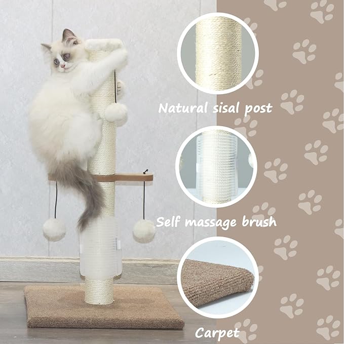 Cat Scratching Post Sisal Vertical Scratcher Posts for Indoor Cats and Kittens,Three Hanging Ball Toy and Self-Grooming Brush,26inches Cat Scratch Pole Beige