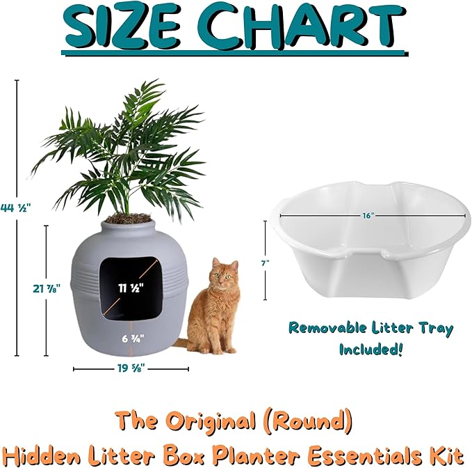 Good Pet Stuff, Original Hidden Litter Box & Reusable Liner Essentials Kit, Round Enclosed Cat Planter Litter Box with Artificial Plants, Vented Carbon Odor Filter System, Easy to Clean, Stone Gray