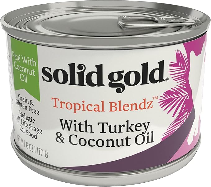 Solid Gold Wet Cat Food Pate for Adult & Senior Cats - Real Turkey & Coconut Oil - Tropical Blendz Grain Free Wet Cat Food for Healthy Digestion, Skin, Coat & Sensitive Stomach - 16ct/6oz Can