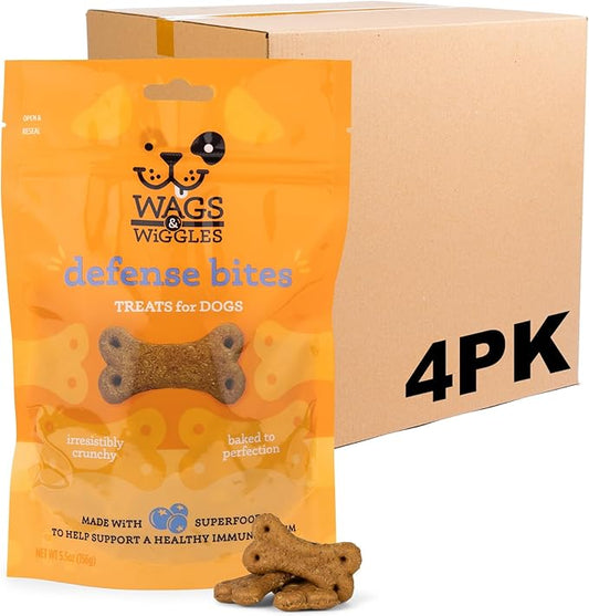 Wags & Wiggles Defense Bites Treats for Dogs, Chicken Flavor, Resealable Bag | Immune Support Functional Treats for Dogs with Sweet Potato, Spirulina and Turmeric, 5.5 Ounce - 4 Pack