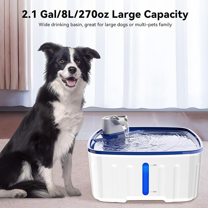 Dog Water Fountain for Large Dogs, 2.1GAL/8L/270oz Large Dog Water Fountain for Dogs Inside w/Water Level Window and LED Shortage Reminder, Ultra-Quiet Pump Dog Fountain for Multiple Pets