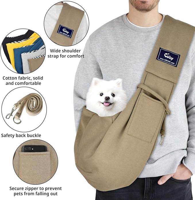 CUBY Dog and Cat Sling Carrier - Hands Free Reversible Pet Papoose Bag - Soft Pouch and Tote Design - Suitable for Puppy, Small Dogs Cats Outdoor (Khaki, Unadjustable strap)