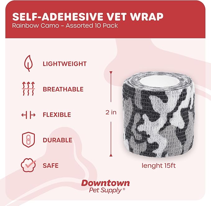 Cohesive Vet Wrap for Dogs, Self Adhesive Bandages in Bulk, Pet Cat Wound Care, Gauss Bandage for Horses by Downtown Pet Supply (Rainbow Camo, 10 Pack)