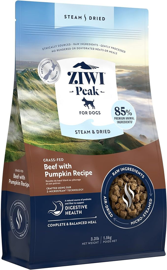 ZIWI Peak Steam & Dried Dog Food – Grass-fed Beef & Pumpkin Recipe - High Protein, Digestive Health, Low Carb, for All Breeds and Lifestages (3.3lb)