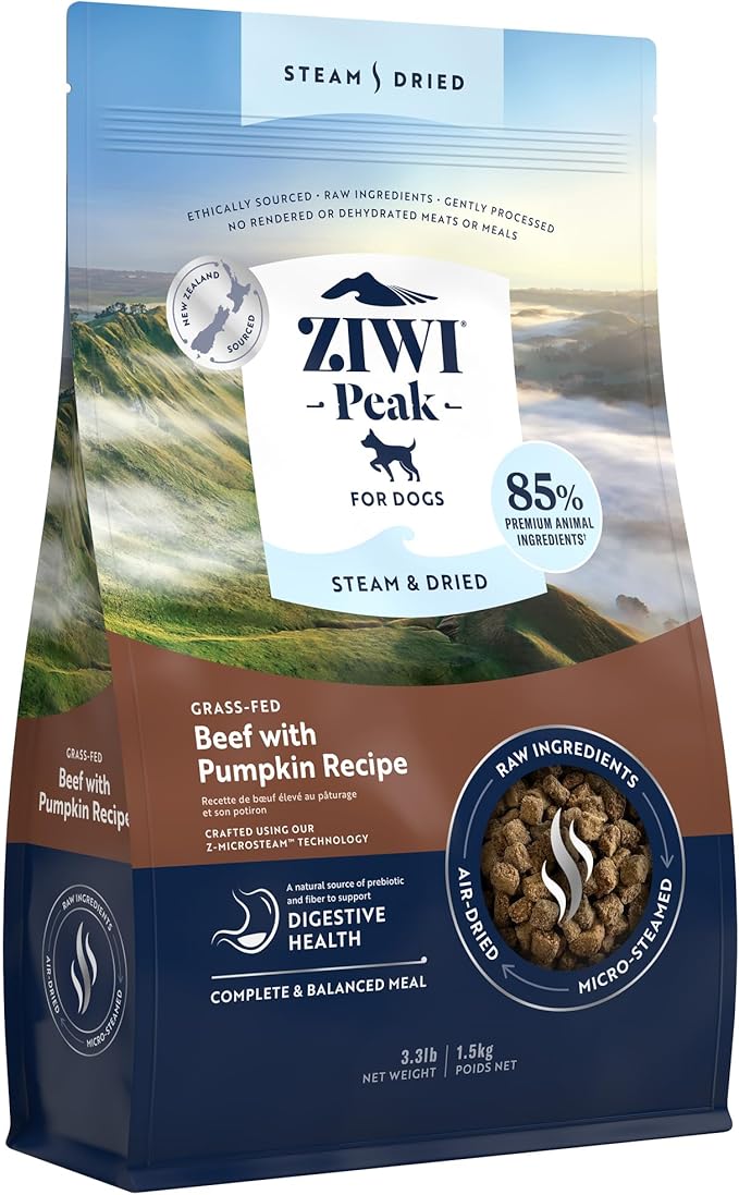 ZIWI Peak Steam & Dried Dog Food – Grass-fed Beef & Pumpkin Recipe - High Protein, Digestive Health, Low Carb, for All Breeds and Lifestages (3.3lb)