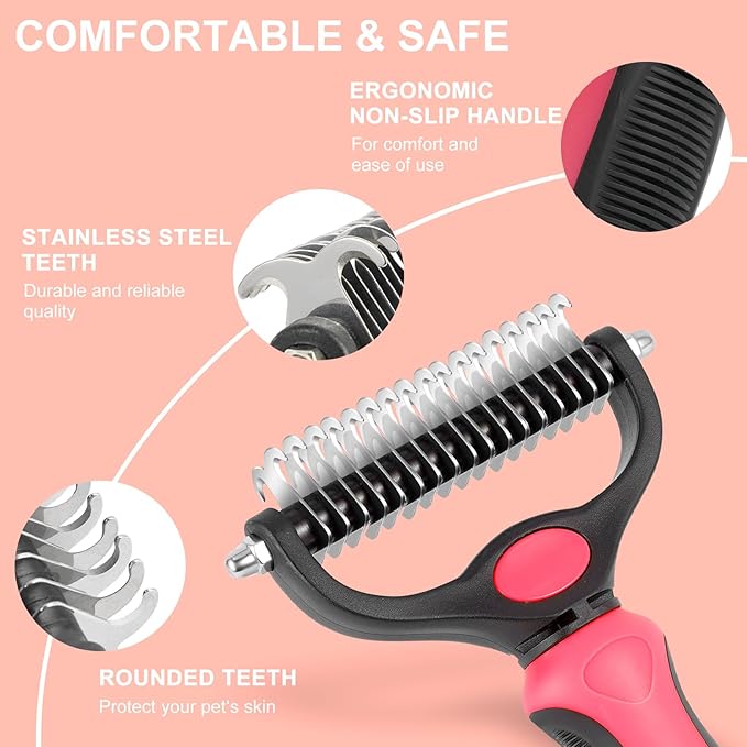 Pet Grooming Brush, Double Sided Undercoat Rake for Dogs & Cats, Professional Deshedding Brush and Dematting Tool, Safe and Effective Removing Knots, Mats, Tangles,and Flying Hair (Pink)