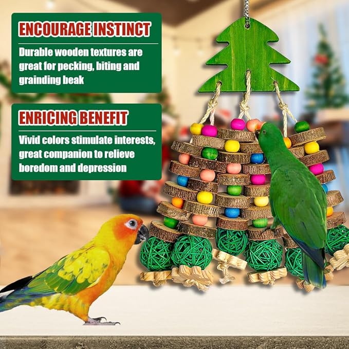 Large Parrot Chew Toys, Multicolored Wooden Blocks with Christmas Tree Bird Chewing Toys Parrot Cage Bite Toy for Macaws Cokatoos African Grey and Large Medium Parrot Birds