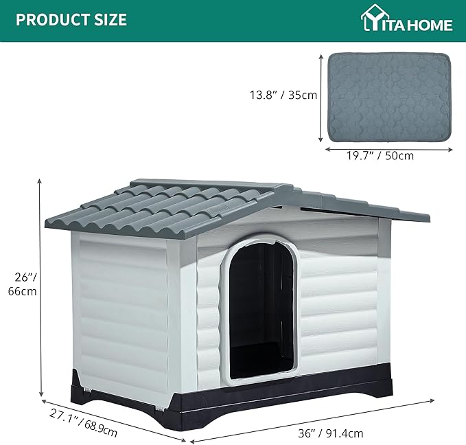 YITAHOME 36'' Large Double Door Dog House with Porch & Cushion, Outdoor Plastic Doghouse with Elevated Base, Easy to Install, Water-Resistant Pet House for Small Medium Dogs (36''L*27.1''W*26''H)